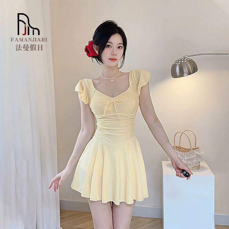 Seaside One-piece Swimsuit Women's High-end Flying Sleeves Square Collar Slimming Conservative Skirt Solid Color Small Chest Gathers Slightly Fat