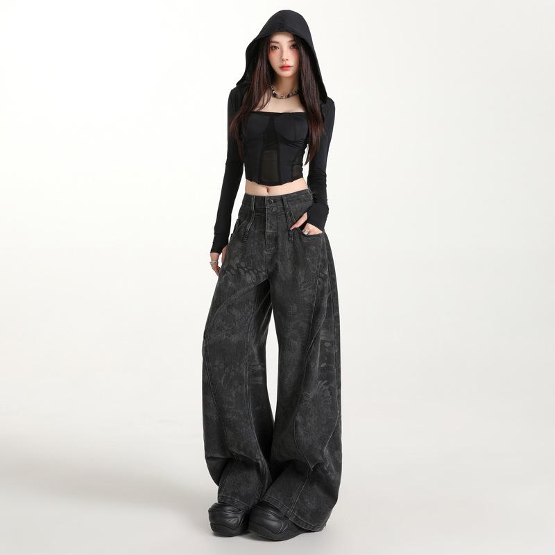 

2025 Autumn American Fashion: Women s High Waist Loose Fit Wide-Leg Print Jeans Large