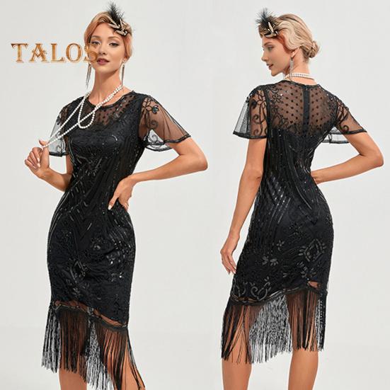 Ballkleid für Damen im Vintage-Stil, mit hohler Spitze, Quaste und Pailletten-Dekor, durchsichtig, runder Halsausschnitt, kurze Ärmel, schmale Passform, Reißverschluss auf der Rückseite, Cocktailparty