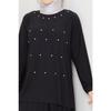 Women's Black Sandy Front Stone Embroidered Blouse Skirt Pleated Double Hijab Skirt Set