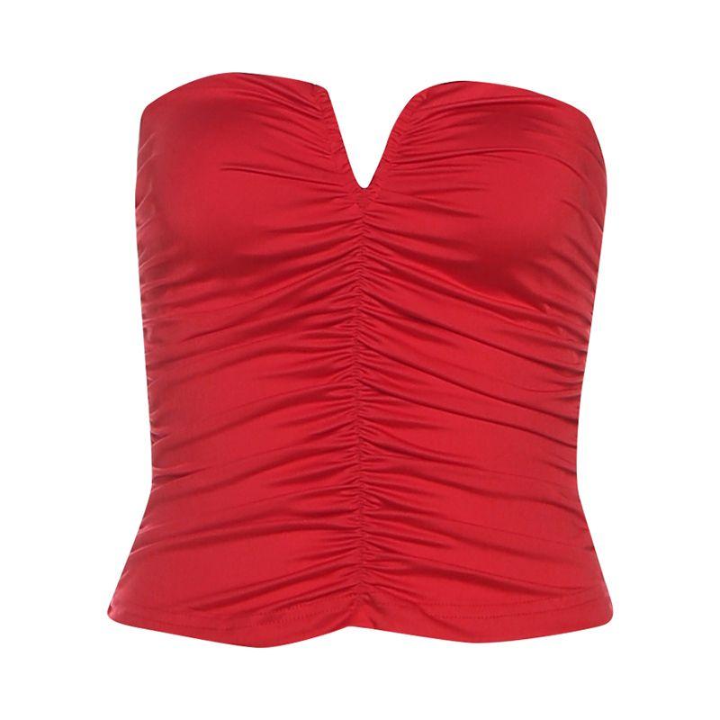 

# Sisjuly# Hong Kong Style Sexy Gyaru Chill Meiko Beauty Fold Design V-Shaped Slim fit Tube Top Vest Women Red S