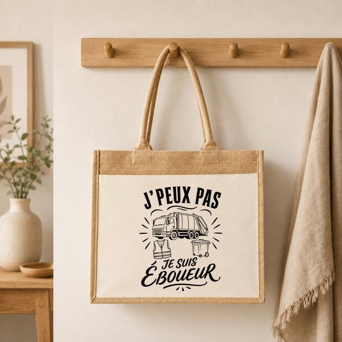 Sac Cabas Jute avec Poche J’peux pas je suis Éboueur J'peux pas minimaliste | Toile de Jute et Coton 21 L Fond Plat Anses 65 cm