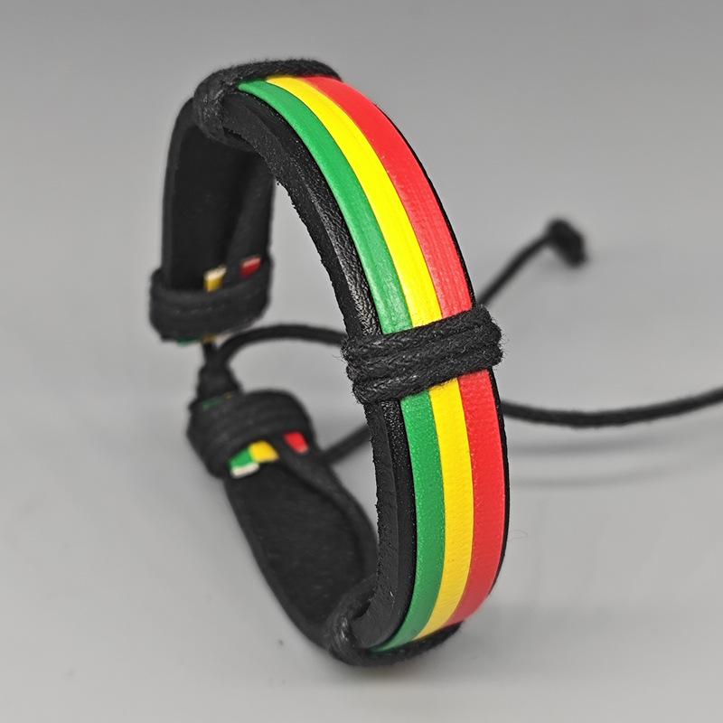 Богемный браслет с флагом Ямайки - Красный, Желтый, Зеленый, Этнический полосатый, Кожаный, Регулируемый
