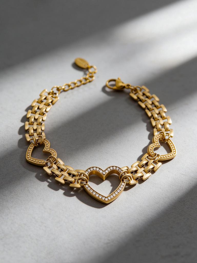18K Gold-Plated Stainless Steel Heart Watch Strap & Natural Stone Ring Set with Cubic Zirconia