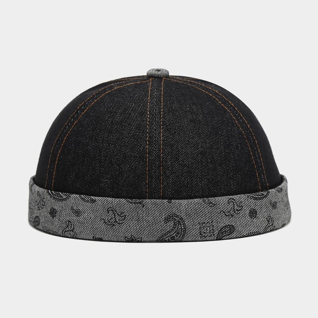 Unisex Paisley Denim Brimless Cap American Retro Streetwear Landlord Hat Trendy Yuppie Personality Casual Docker Skullcap
