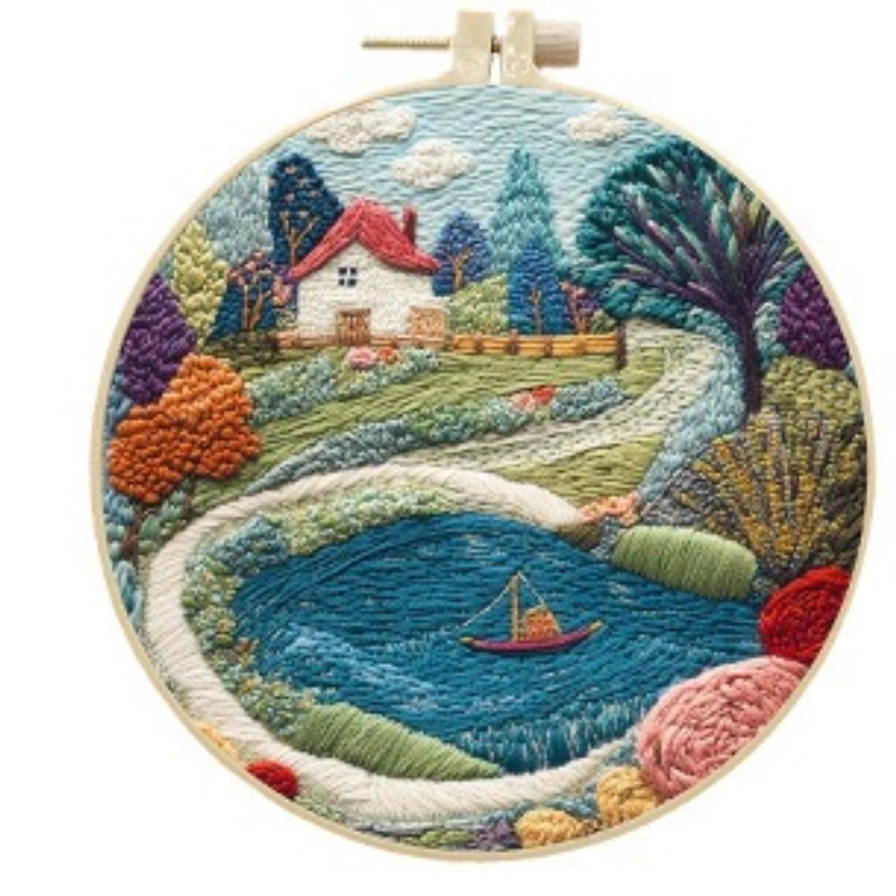 1set Riverside Cottage Landscape Series Hand Embroidery Material Set, Cross Stitch Beginner's Easy Tutorial and Tools, Craft Fabric Material Set