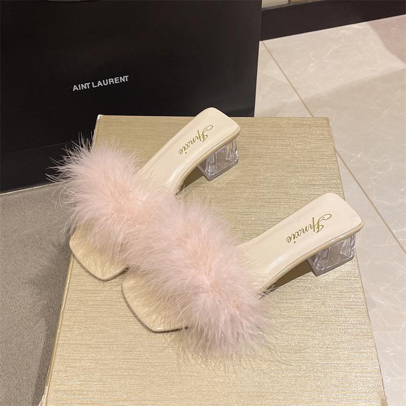 High-heeled Slippers Female Summer Wear 2025 New Fairy Wind Fluffy Slippers Internet Celebrity Thick Heel One-word Sandals Female