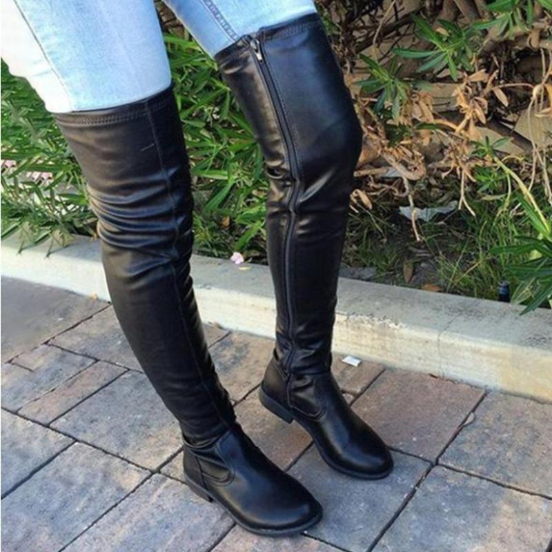 Autumn Winter Round Headed Low Square Heel Over-the-knee Boots Sewing PU 3CM Large Size Side Zipper Long Boots for Women Shoes