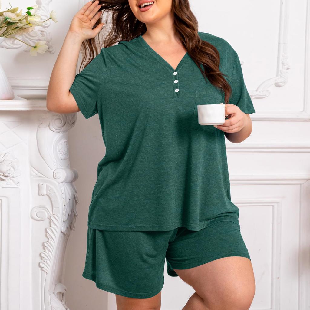 Plus Size Women's Two Piece Lounge Set Short Sleeve V Neck Top with Button Detail Elastic Waist Shorts Casual Sleepwear Set