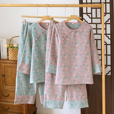 Damen Pyjama aus reiner Baumwolle mit doppellagigem Mullstoff - Frühling/Herbst/Sommer Dünner Stil, Nationales Design, 9/10-Ärmel und Hosen
