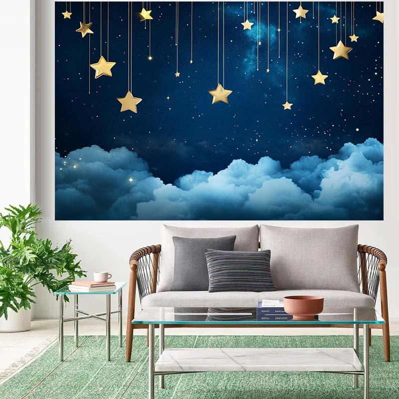 1 Starry Night Sky with Clouds and Hanging Stars Theme Background, Suitable for Photography, Events, and Parties