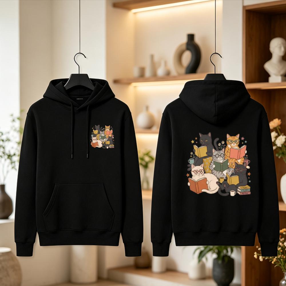 Vintage Retro Cartoon Cats Books Lovers Hoodie Oversized Fit Reading Glasses Coffee Cups Navy Blue Stars Graphic Pullover Sweats
