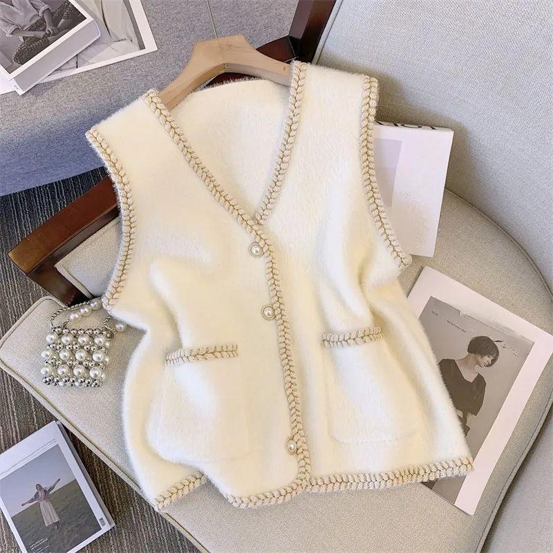 

Женский вязаный жилет кардиган с V-образным вырезом вязаный жилет норковый свитер без рукавов верхняя одежда весна осень XL белый