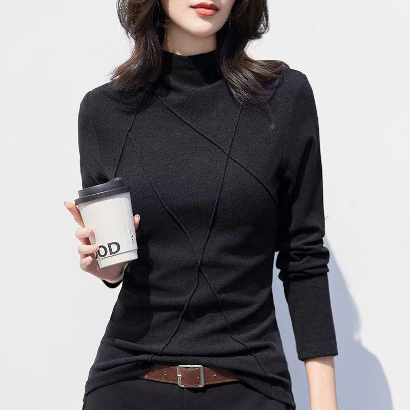 Threaded Fleece: Stylish Korean-Style Slimming Base Layer Top with Half-High Collar for Autumn/Winter