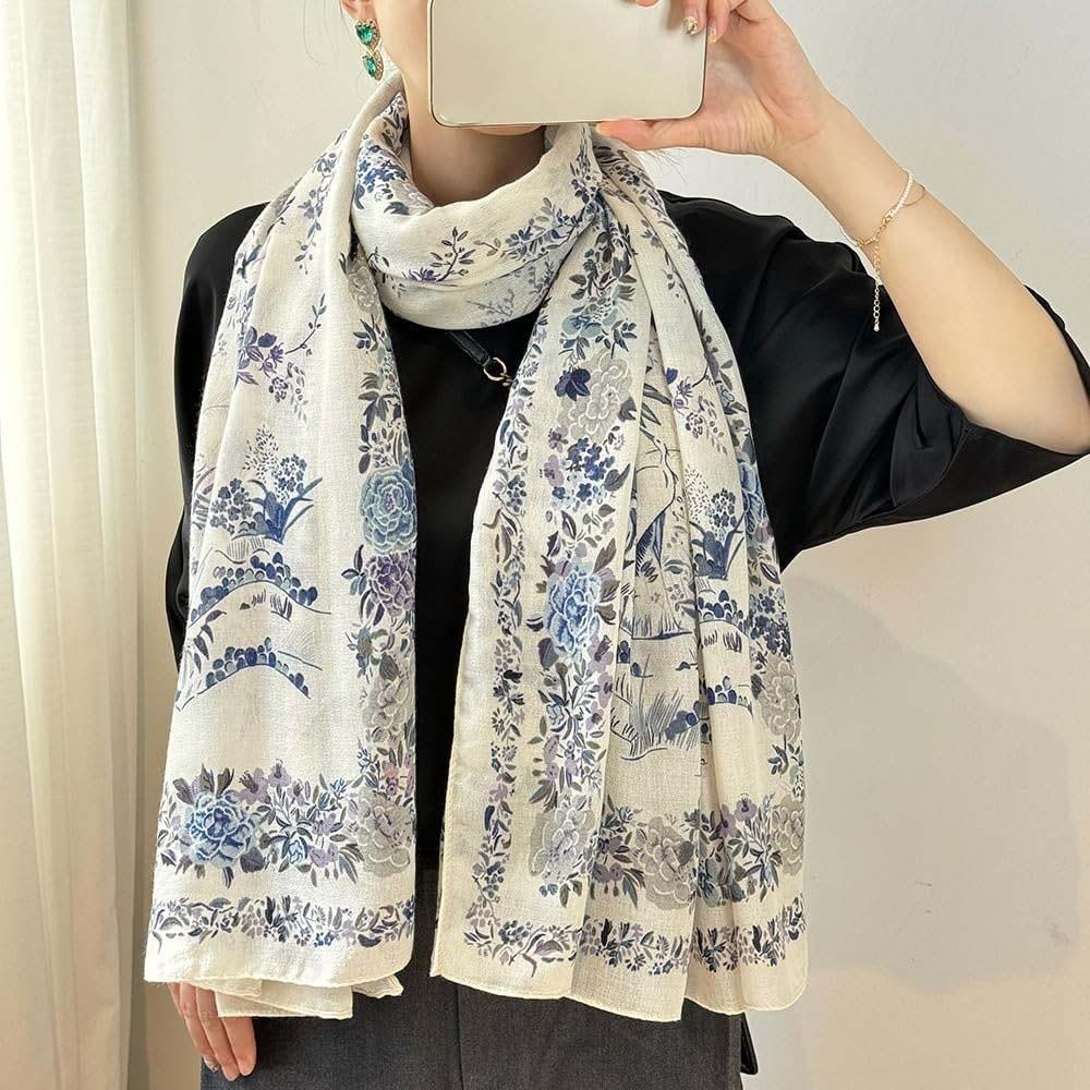 Long Thin Large Shawl Bird Patterned Sunscreen Headscarf Women Floral Scarf  Vacation