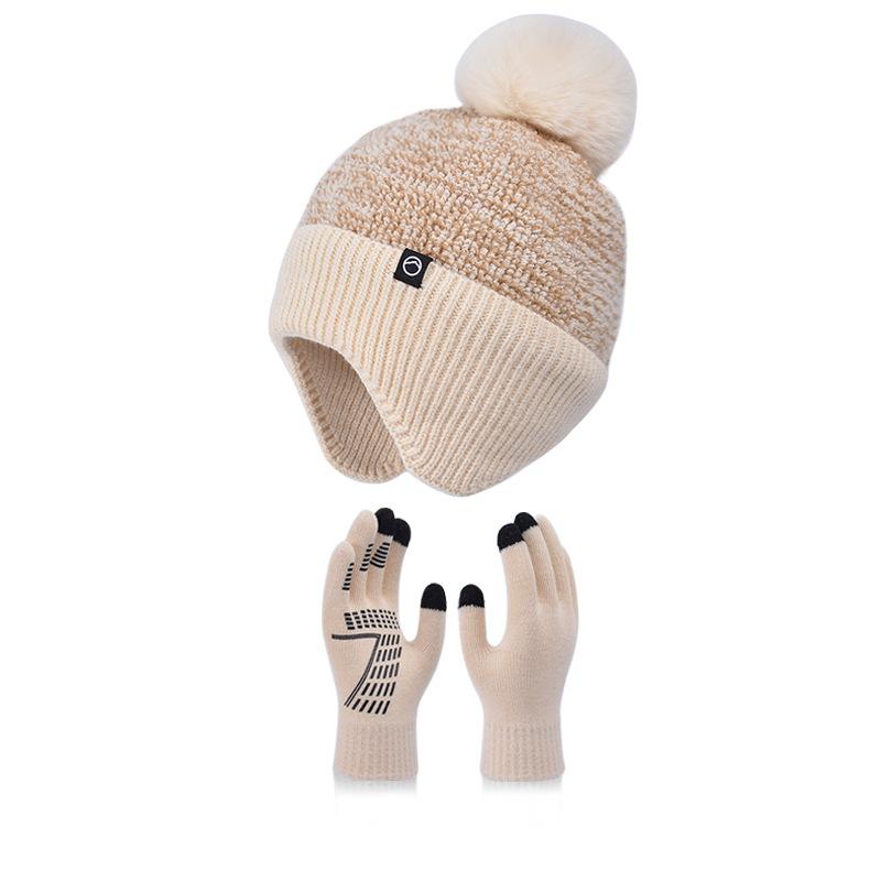 Winter plush ball, ear protection, pullover hat, touch screen gloves, hat, warm two-piece set, plush knitted wool hat, women