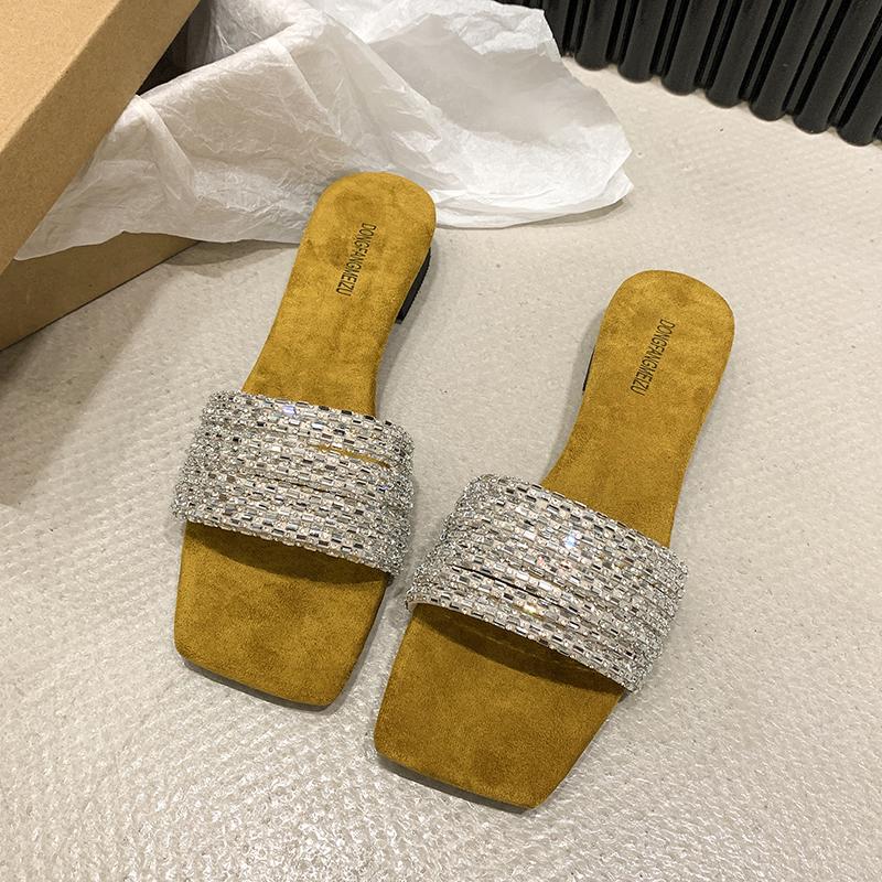 Moda Estate Nuove Pantofole con Tacco Basso Donna Moda Punta Quadrata Aperte Combinazione Sandali con Strass con Cinturino Sottile
