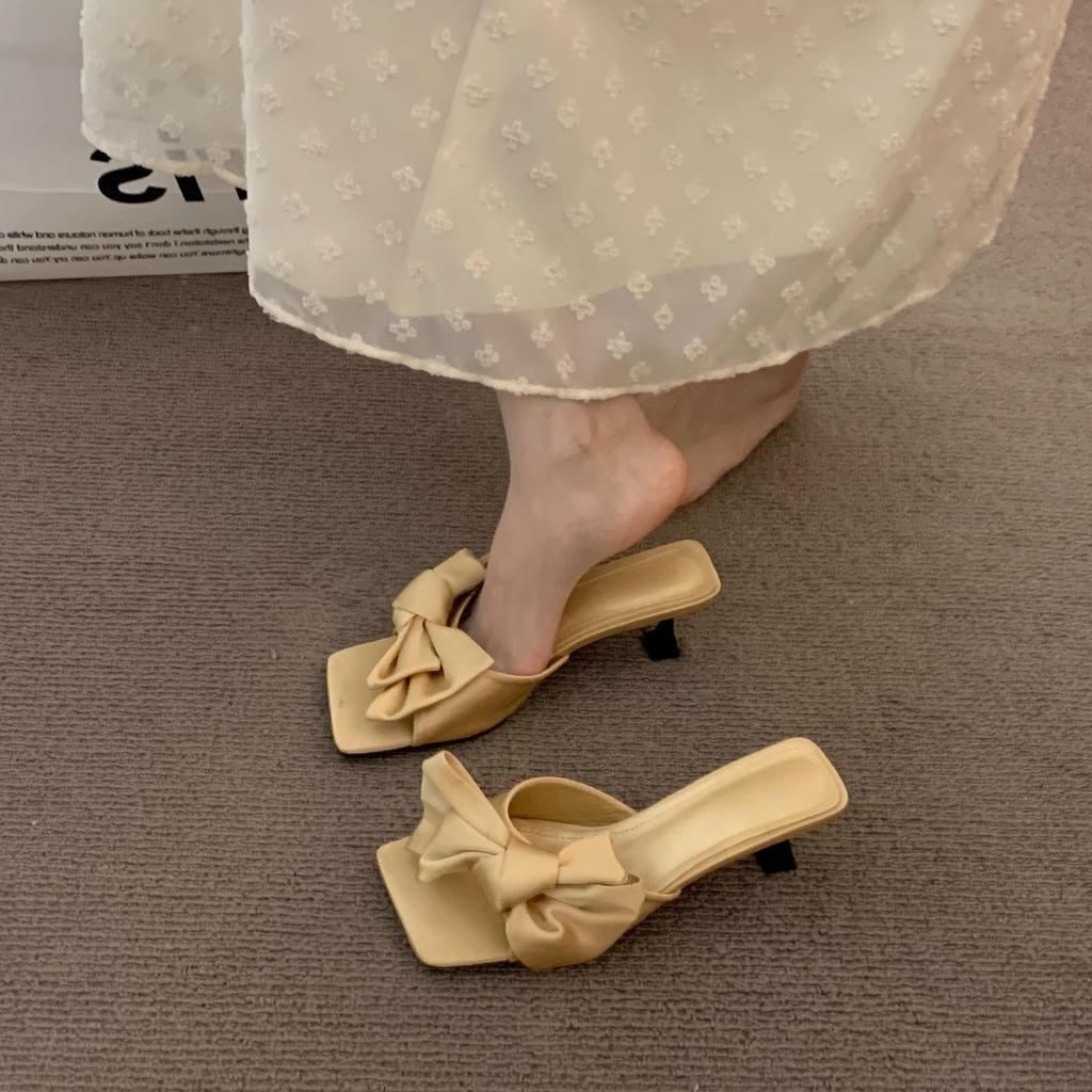 Niche High Heels Black Small Cool Slippers Fairy Shoes New Bow with Skirt Sandals