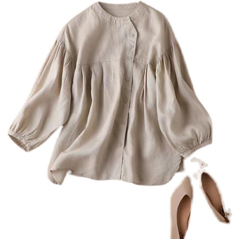 Women's Loose Fit Lantern Sleeve Cotton Linen Blouse - Babydoll Design, Nine-Point Sleeve, Solid Color Fashion Shirt 803