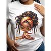 European Size  Women's African Hairstyle & Glasses Print T-Shirt - Soft Round Neck Short Sleeve Top with Dreadlock