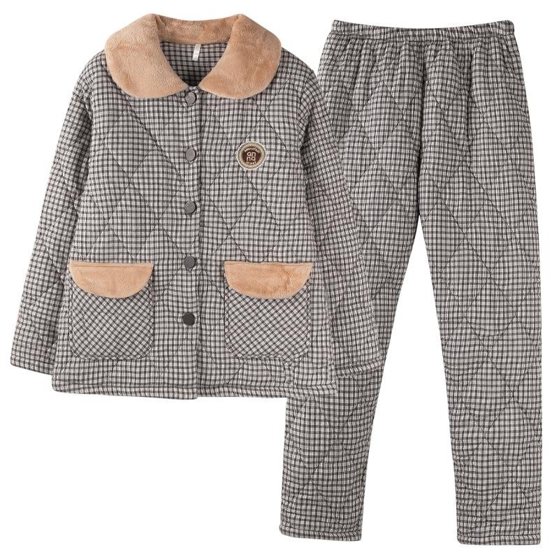 Pajamas Women'S Velvet Thickened Three-Layer Pure Cotton Padded Cotton Can Be Worn Outside Winter Mother Loungewear Set