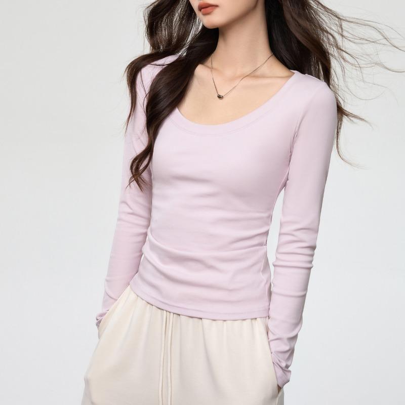 Women S U Neck Long Sleeve Fitted Cotton T Shirt Casual Basic Top