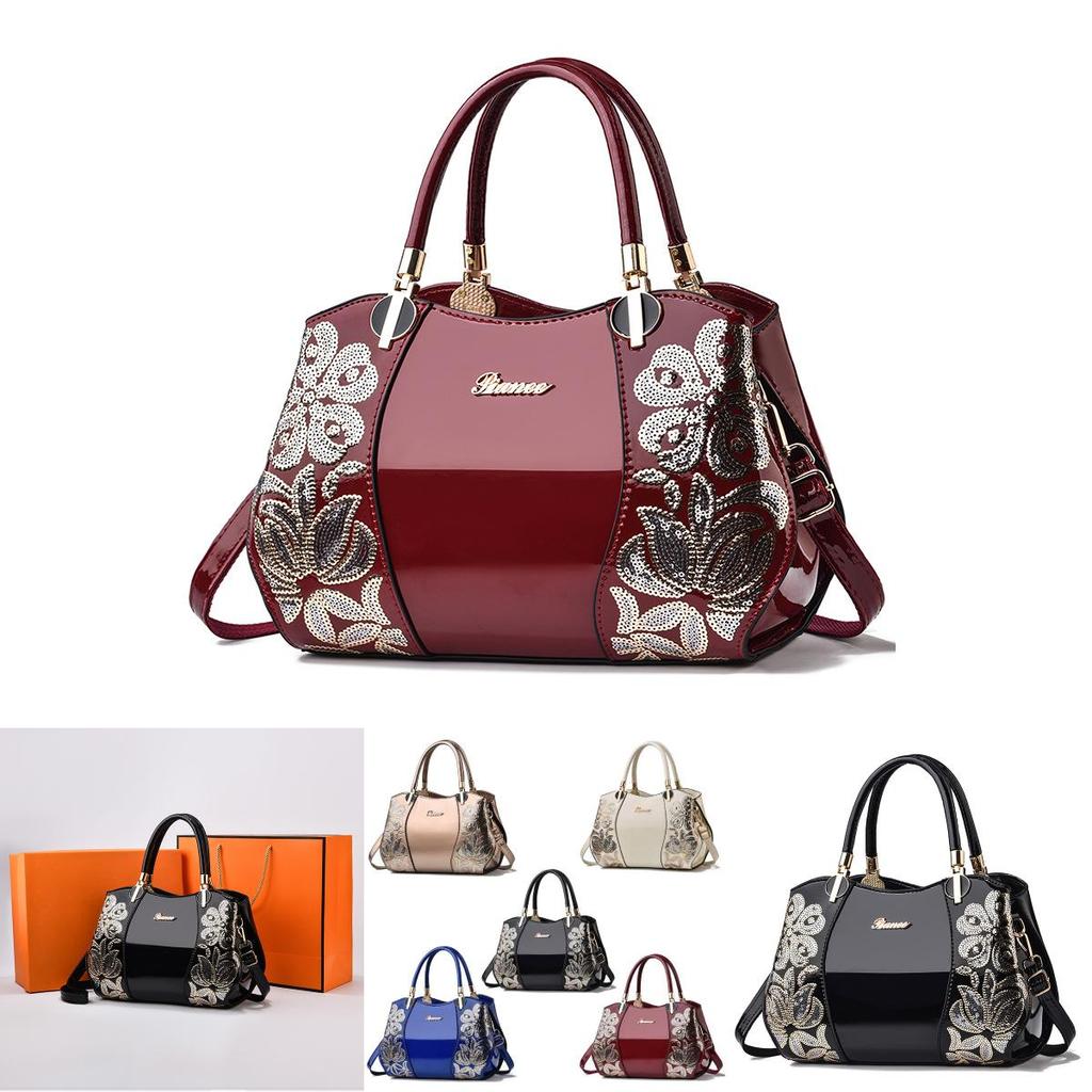 Stilvolle Damen-Boston-Tasche für mittlere Jahre, Große, Atmosphärische Damenhandtasche, Patentleder-Mama-Tasche, Handtasche mit großem Fassungsvermögen