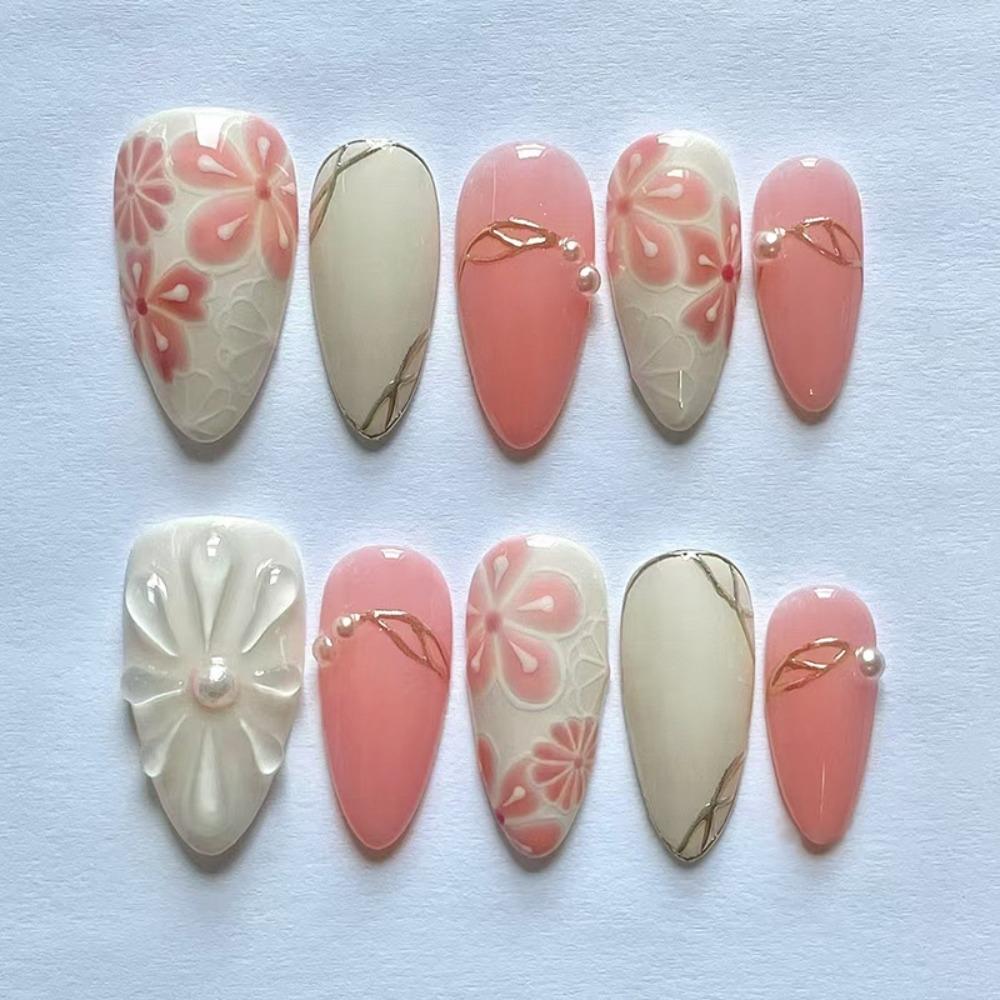 24pcs Manicure Long Almond False Nails Gilded Flower Pearl French Fake Nials Detachable Star Bow Press on Nails Women