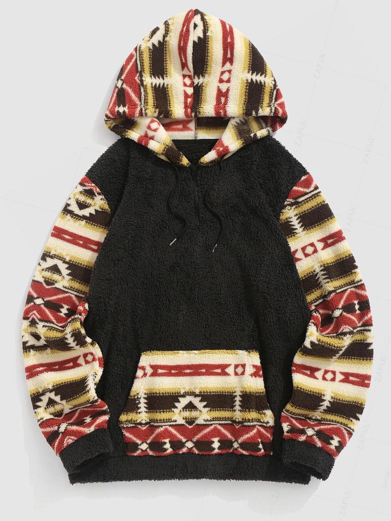 ZAFUL Pánská retro etnická aztécká mikina s kapucí a plyšovým fleecem s kapucí