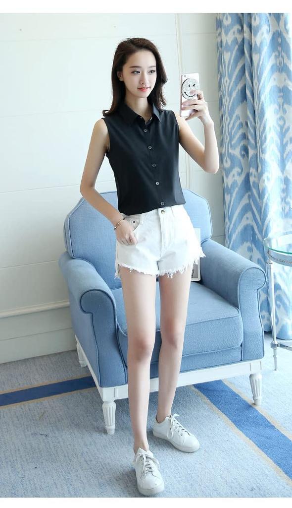 Ermeløs Chiffon Krage Slim Skjortekjole Skjorte Kort Ermet Business Krage [Formanism] Kvinners (M, svart)