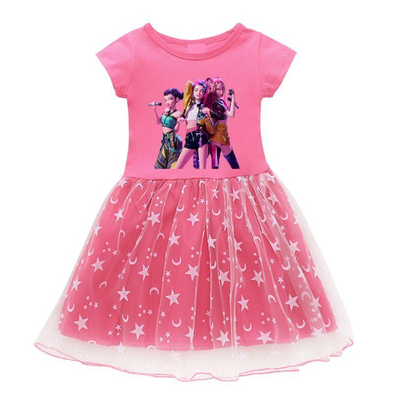 

Детская мода K-pop Платье для группы «Охота на ведьм», Летнее платье принцессы с короткими рукавами из звездной марли 150 розы красного