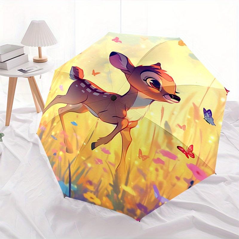 Bambi, Butterflies Automatic Opening and Closing Umbrella - 8 Ribs Portable Folding Umbrella with Plastic Handle, Suitable for Leisure and H