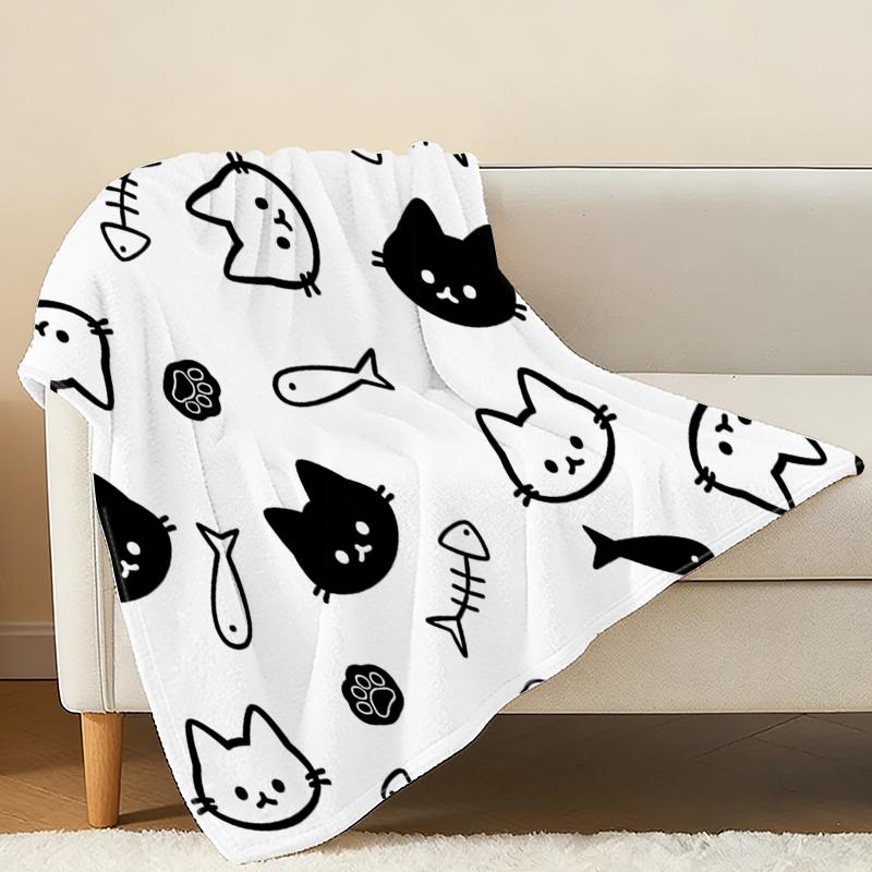Cat Series Flannel Throw Blanket Soft Cozy, Machine Washable, Cute Cartoon Design, Warm for Home, Office Naps, Christmas & Halloween