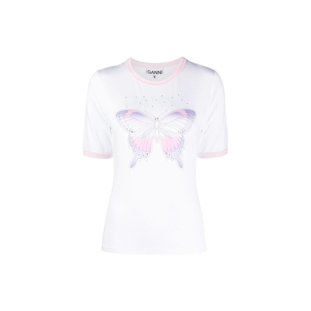 Ganni Ss23 Butterfly Print Pullover Round Neck T-Shirt Women Tops White T3353-151