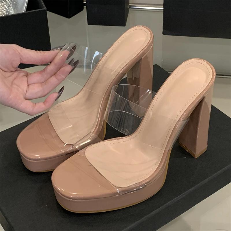 Eilyken Summer PVC Transparent Square Toe Slippers Women Chunky Heels Party Dress Slide Shoes Zapatos De Mujer