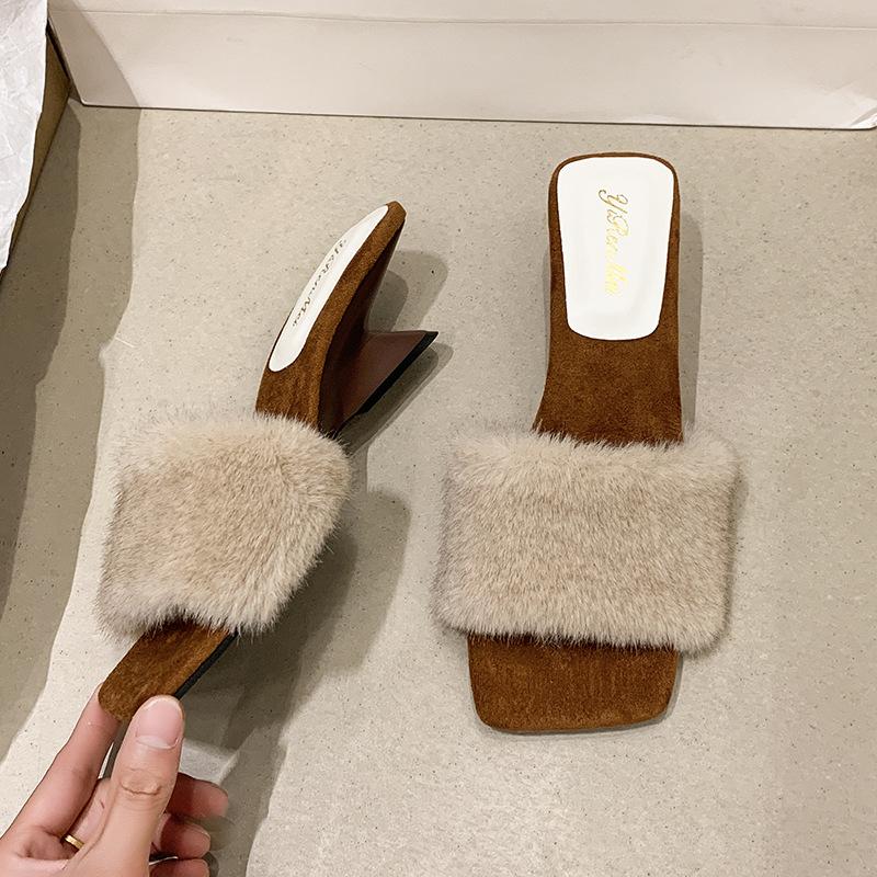 Papuci pufoși premium noi, cu toc înalt, din catifea, din bumbac, 2025, purtați toamna și iarna, papuci răcoroși cu toc înclinat