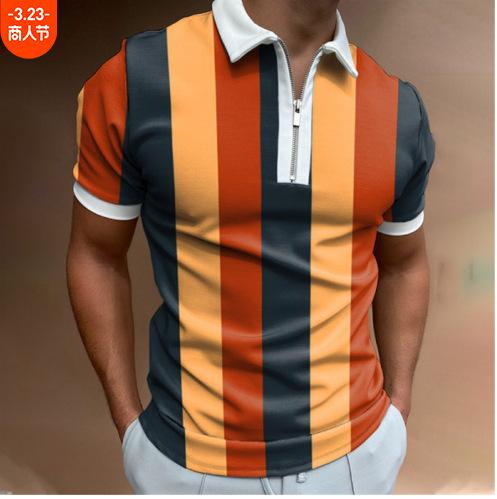 Short-sleeve Polo Shirt with Vertical Stripes, Half-zip Placket, Stylish Casual Top