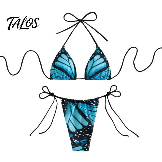 Set Bikini Stampa Farfalla Set Donna, Top con Laccetto al Collo & Perizoma Laterale, Costume da Bagno a Triangolo Due Pezzi con Fantasia, Costume da Bagno Sexy da Spiaggia per l'Estate Taglio Alto