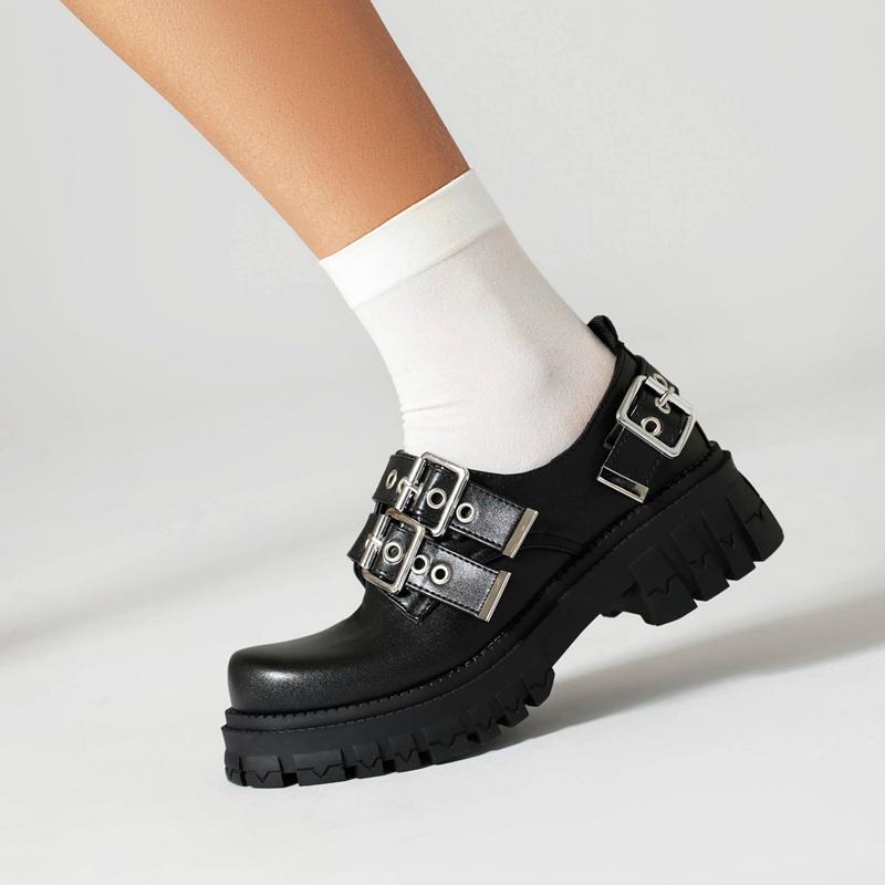 Rock Oxfords Gothic Round Toe Platform Goth Shoes Punk Metal Buckle Women's Thick Bottom Belts Pumps Chunky High Heels Plus Size