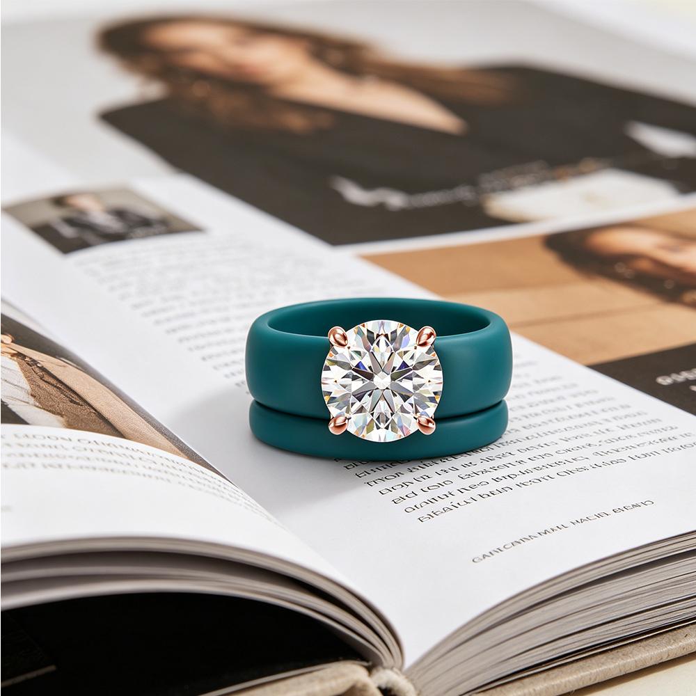 Neuer Trend Türkis Silikon & Roségold Ring, Großer Runder Zirkonia Diamant Solitärring, Modischer Damen Hypoallergener Statement R 8 beige