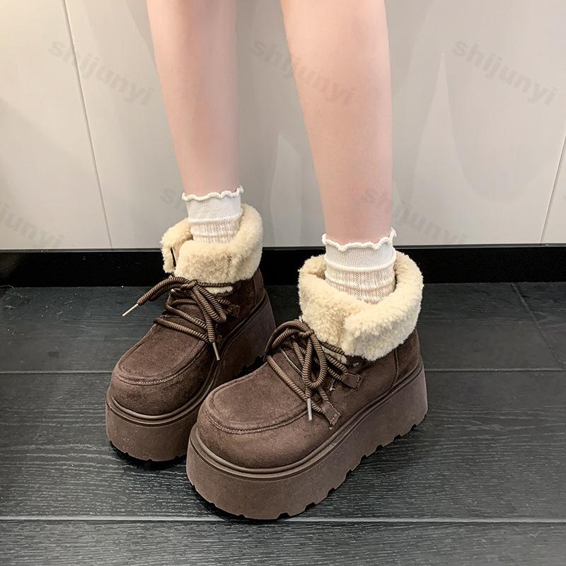 Winter Women Fur Snow Boots 2026 Chunky Platform Retro Warm Plush Cotton Shoes Fashion Non Slip Outdoor Ankle Boots Botas Mujer