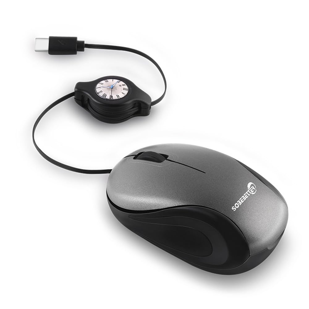 ELRCDNOX Compact Type-C Wired Mouse with Retractable Cable, Quiet Design, Optical, Lightweight, Ambidextrous, Compatible with Laptops, Tablets, and
