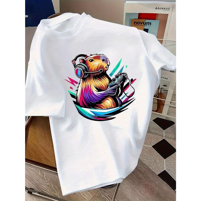 European sizes Round Neck Cartoon Beaver with Headphones Holding Game Controller Funny Print Short Sleeve T-Shirt, Fashion Casual Summer New Arrival 98cm