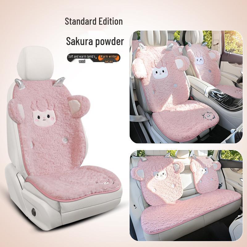 Women's Cute Cartoon Plush Winter 3-Piece Car Seat Cushion Set for Five-Seat Vehicles
