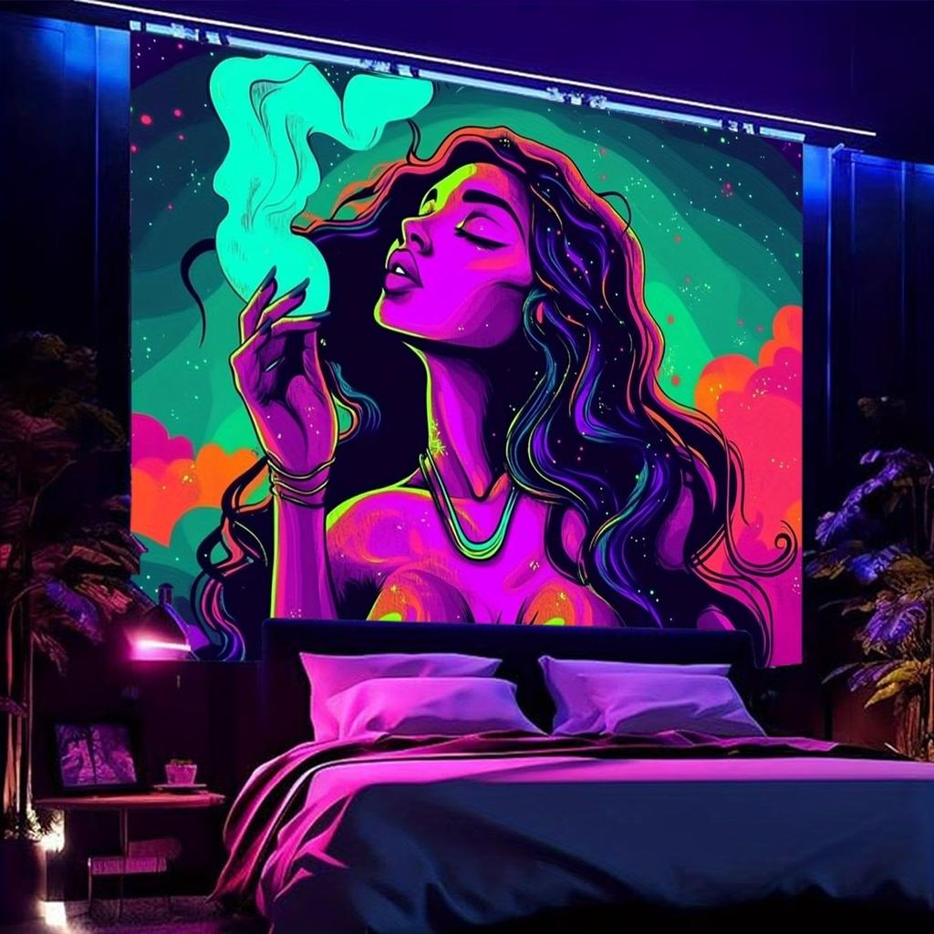 Psychedelic Neon Woman Tapestry Fluorescent Glow Wall Art Boho Chic Room Decor Aesthetic Bedroom Background Wall Hanging