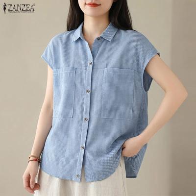Women Casual Turn Down Collar Loose Short Sleeve Plaid Blouse
