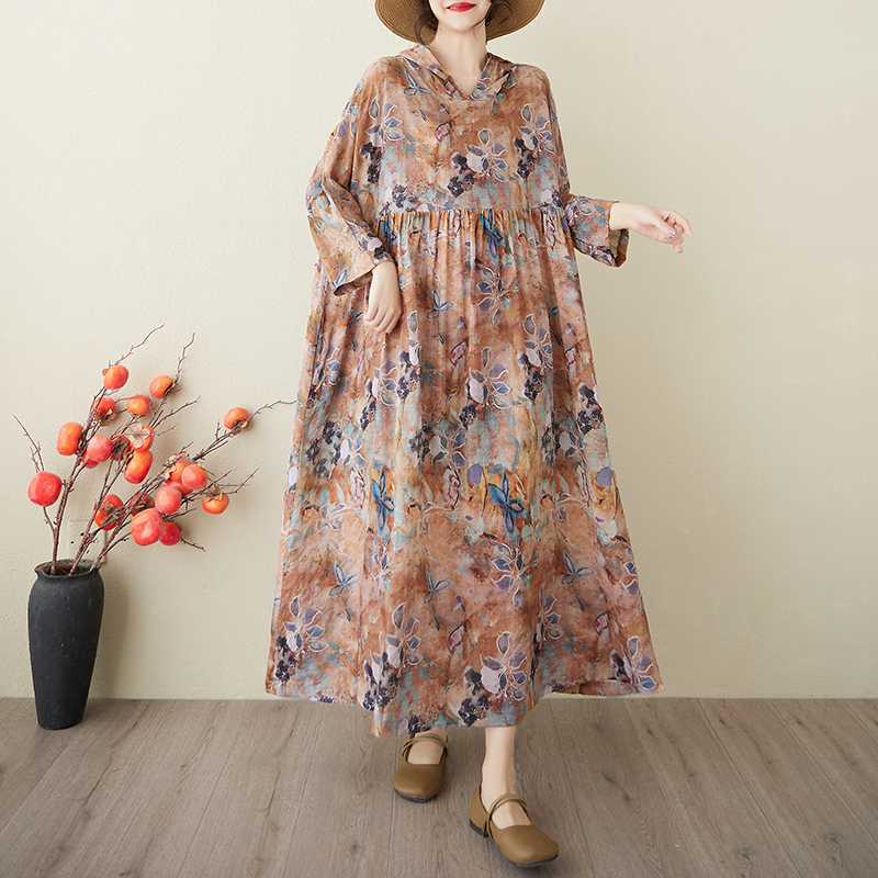

Women s Retro Cloud Brocade Yarn Hooded Printed Dress One size
