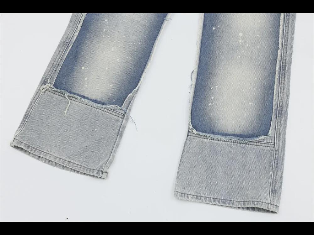 Trendy Herrenhose aus gewaschenem Denim mit geradem Bein und Kontrastnähten im Punk-Stil mit Tintenspritzern und Katzenschnurrhaar-Details