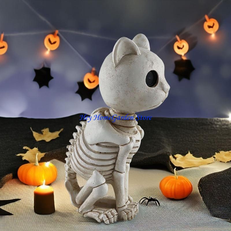 652F Artistic Resin Skeleton Hippo Decors Mystical Felines Skeleton Resin Statue, Artistic Desk Decoration for Creative Space