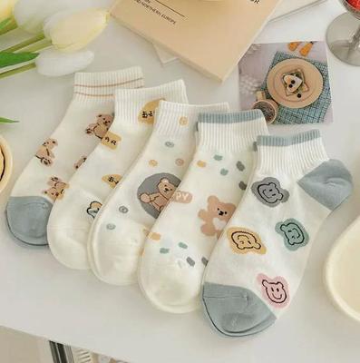 Set of 5 Short Socks for Spring Summer Autumn Wear Featuring Cute Bear and Patterned Designs Comfortable Breathable Fabric Suitable for Daily Use